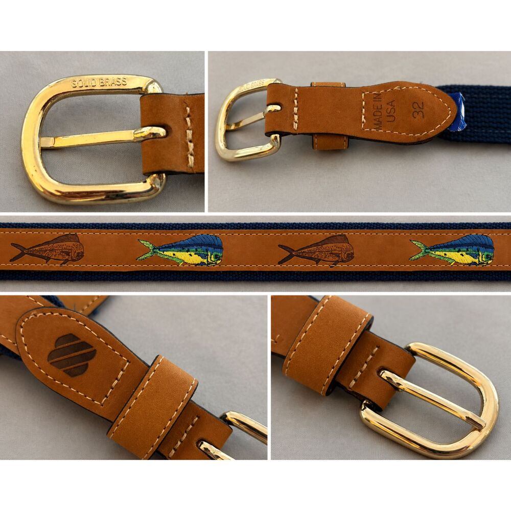 Zep-Pro Mahi Mahi Fish Leather Belt Mens 32 Made USA Solid Brass Buckle Nautical